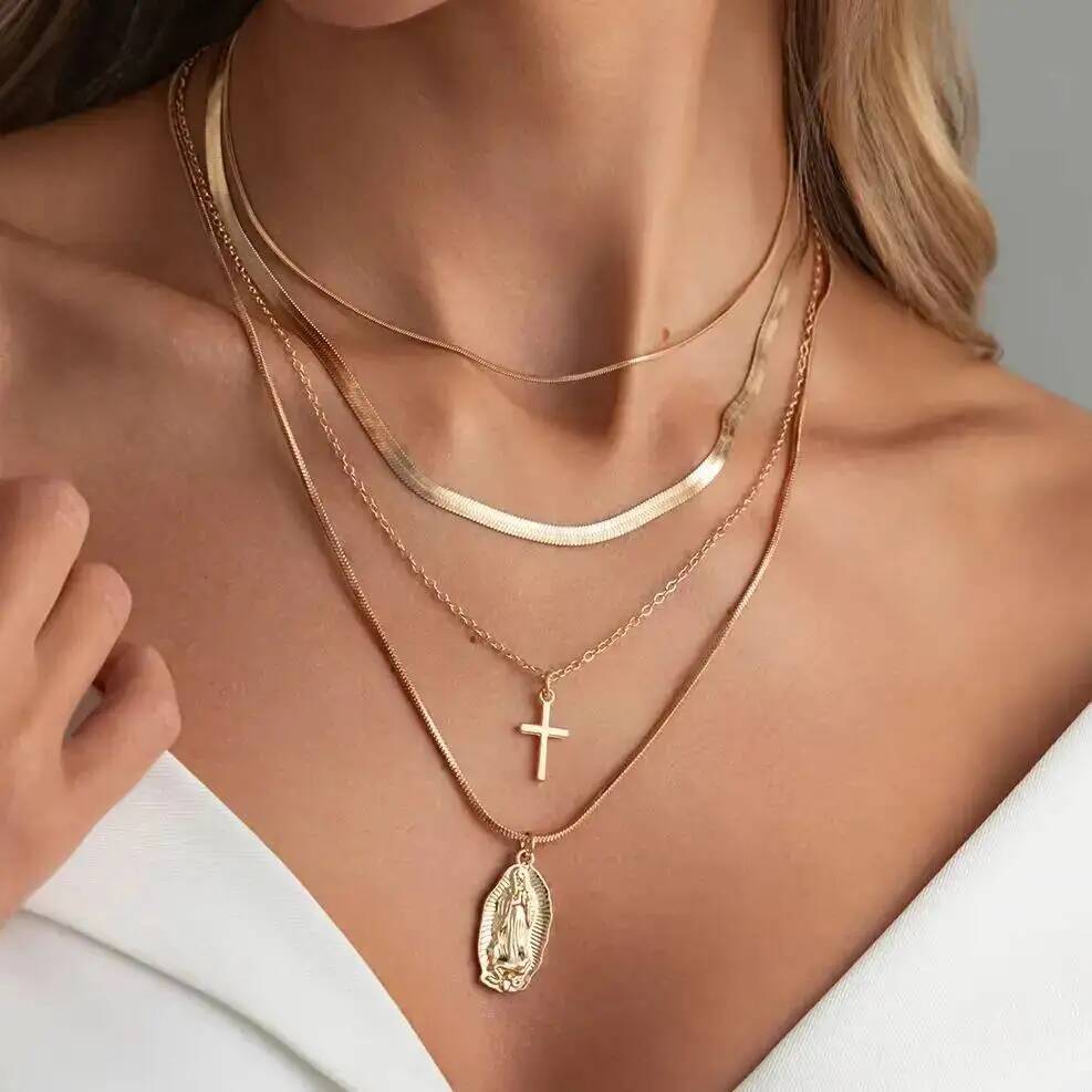 SHIXIN 4Pcs/Set Minimalist Cross Jesus Pendant Metal Necklace Gold Color Multi-layer Adjustable Choker Chain Women Jewelry Gift