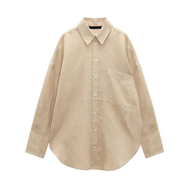 Za Spring/Summer New Style White Sun Protection Shirt Lapel Loose Breasted Single Pocket Linen Shirt 8372036