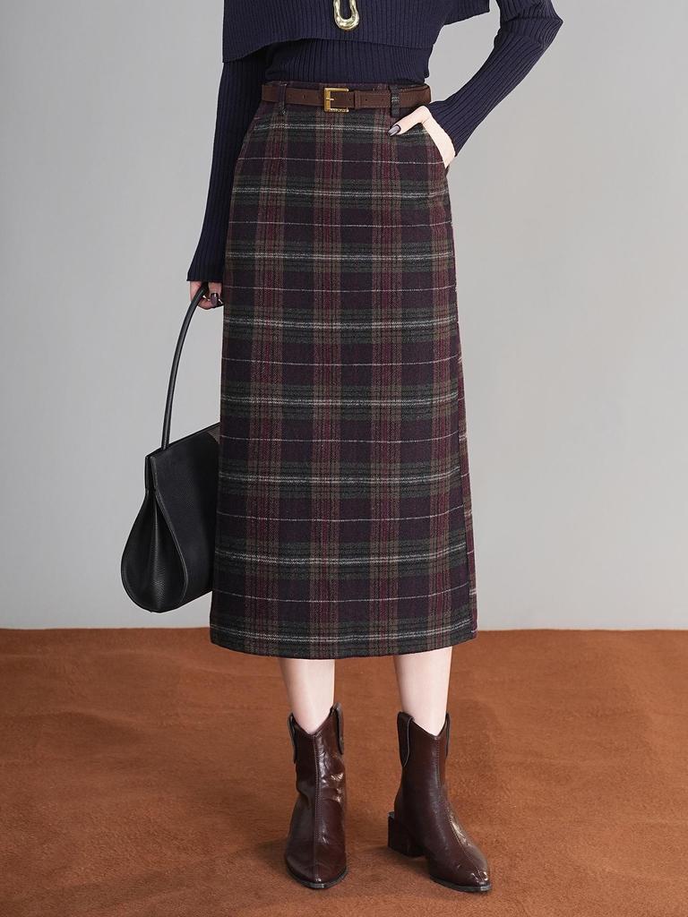 Plaid Wool Blend Split Pencil Skirt - 2025 Winter Mid-Length Vintage Style