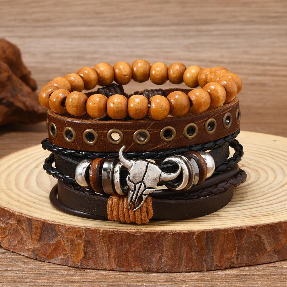 

Винтажный многослойный кожаный браслет «Бычья голова» - Мужской набор из 4 предметов в бисерном стиле