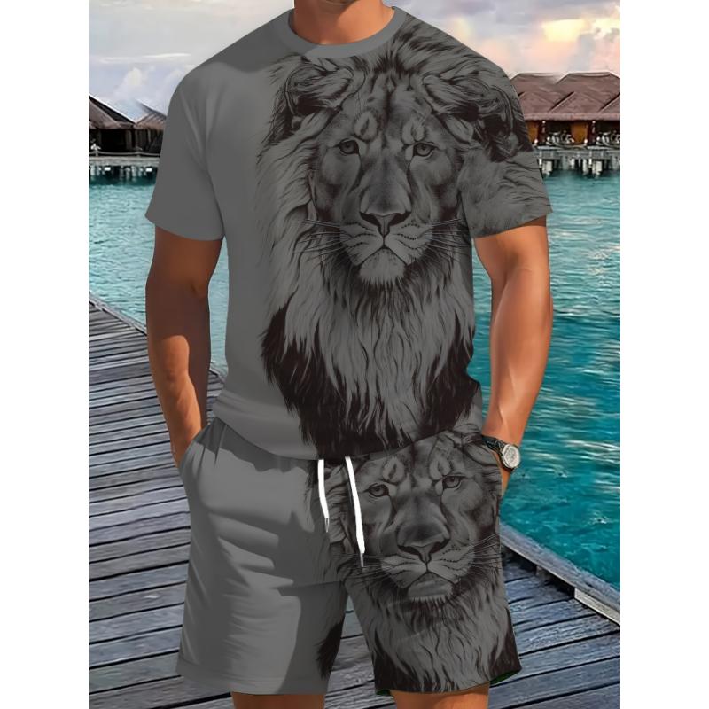 New Lion Print Men's Set Stylish T-Shirt & Drawstring Shorts Set Summer Men's Street Style Two-Piece Sports & Fitness Wear