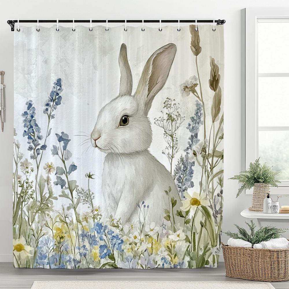 Easter Bunny Shower Curtain, Rustic, Cute, Eggs, Flowers Bathroom Decorative Curtain, Printed Fabric Shower Curtain With Hooks