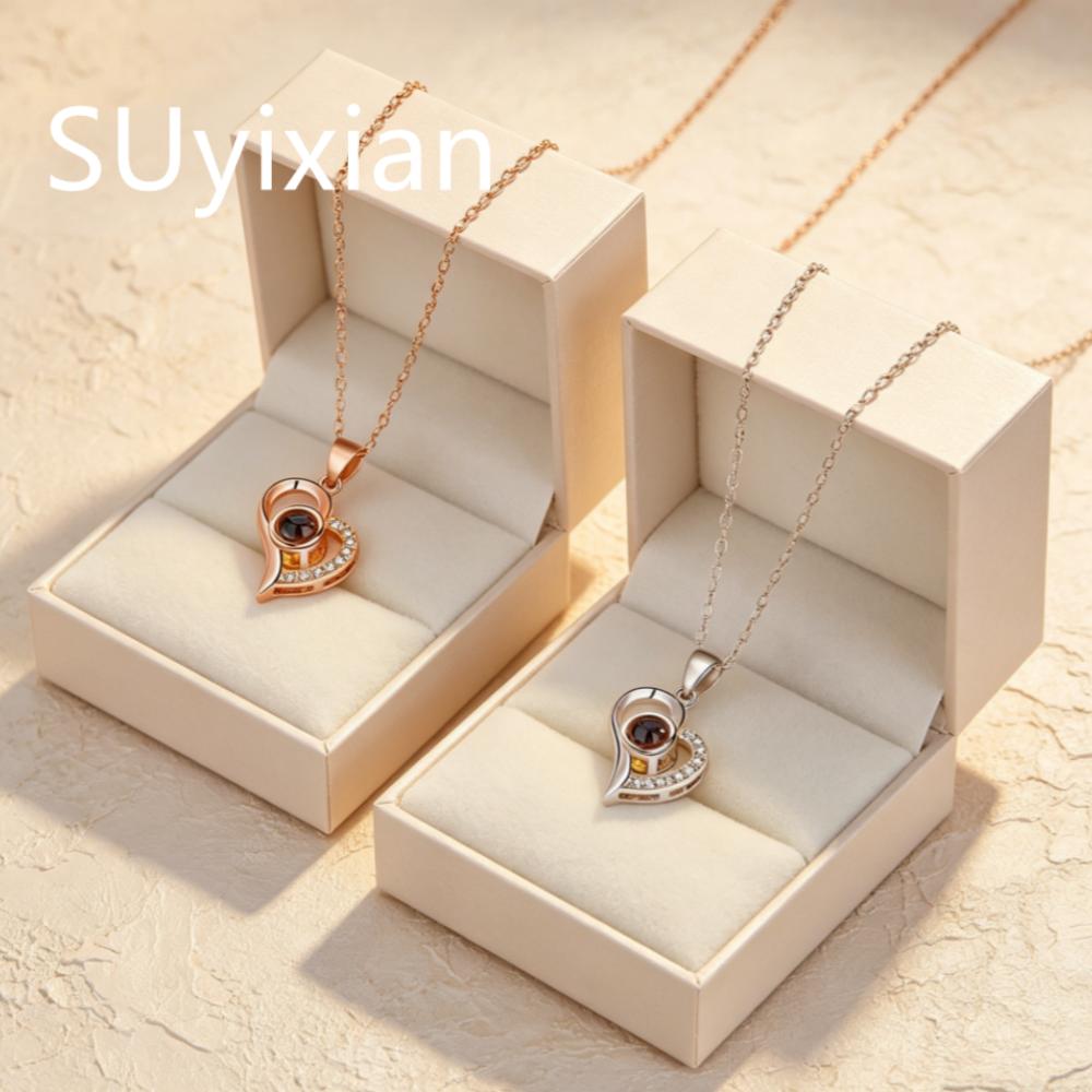 925 Sterling Silver Fashion 100 Languages I Love You Projection Stone Love Necklace Pendant, Valentine's Day Anniversary Gift