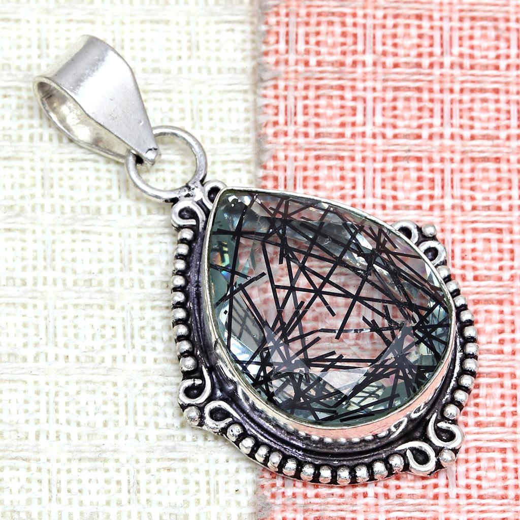 Black Rutile Set  Pendant  Jewelry Earring 18-20'' Gemstone Handmade