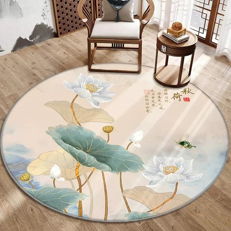 Chinese Classical Flowers Round Carpet Circle Area Rug for Study Bedroom Living Room Table Decor Soft Floor Mat Kitchen Doormat