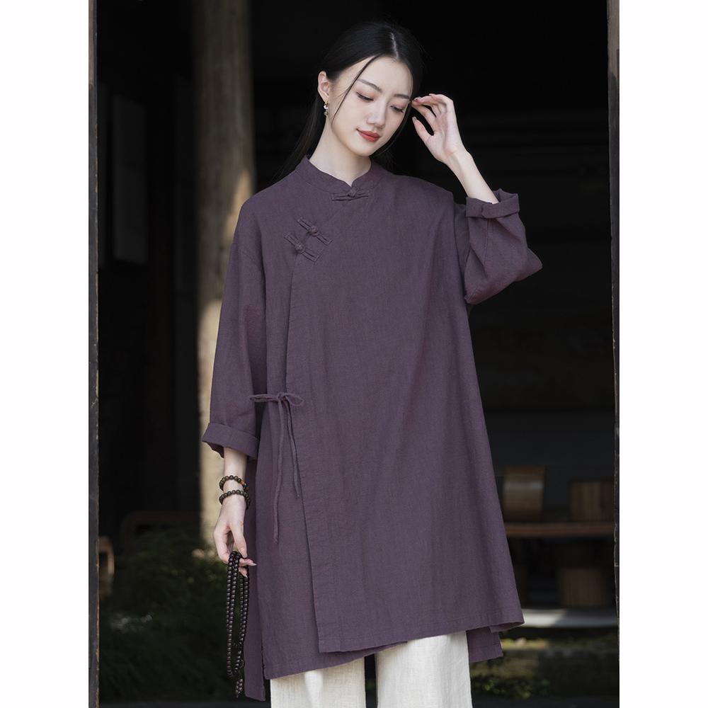 Spring Summer Cotton Linen Women's Clothing Washing Plate Buckle, Side Placket Tied  Retro Chinese Style Children's Style Zen Tea Costume