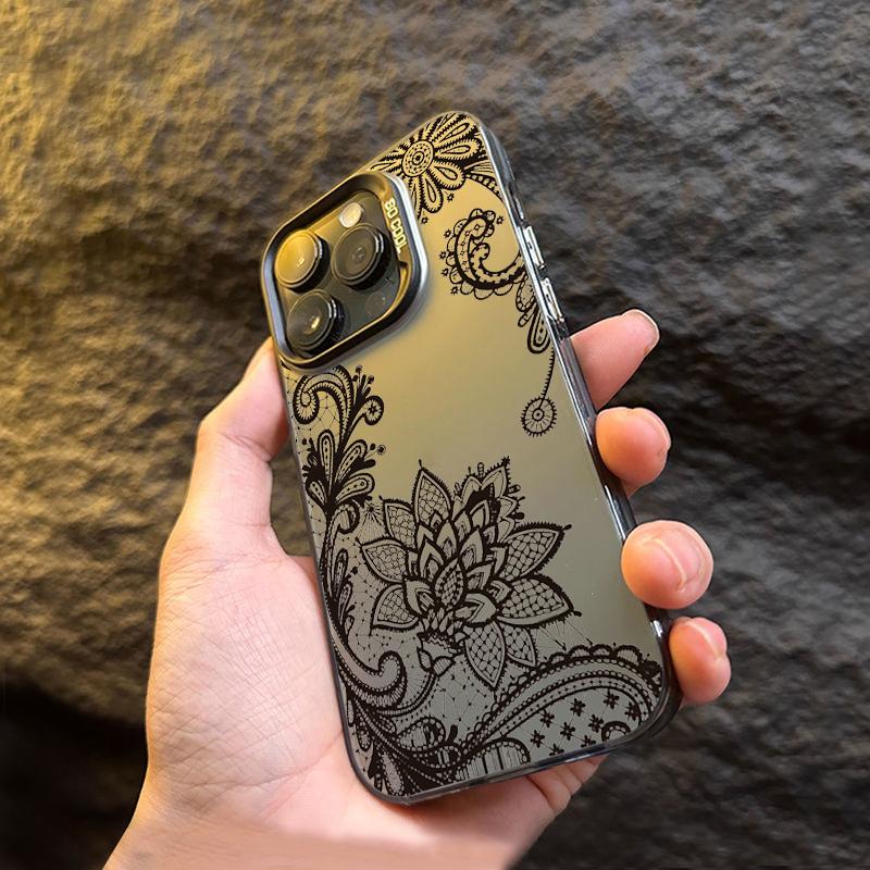 Luxury Lace Florals Pattern Phone Case For iPhone 15 14 13 12 11 16 Pro Max 7 Plus X Shockproof Electroplated Lens Bumper Cover