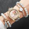 Fashion Rhinestone Women's Watch Flowers Printed Leather Band Female Quartz Watches
