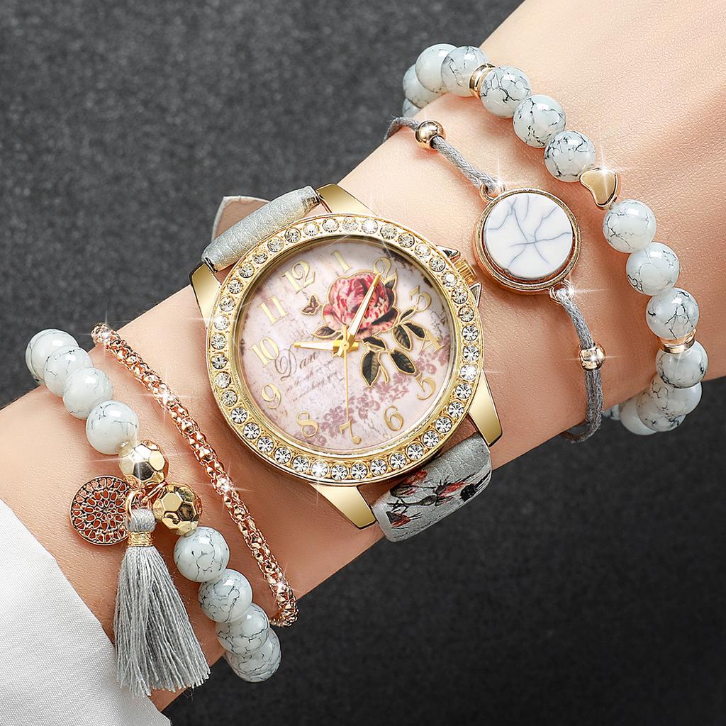 Fashion Rhinestone Women's Watch Flowers Printed Leather Band Female Quartz Watches