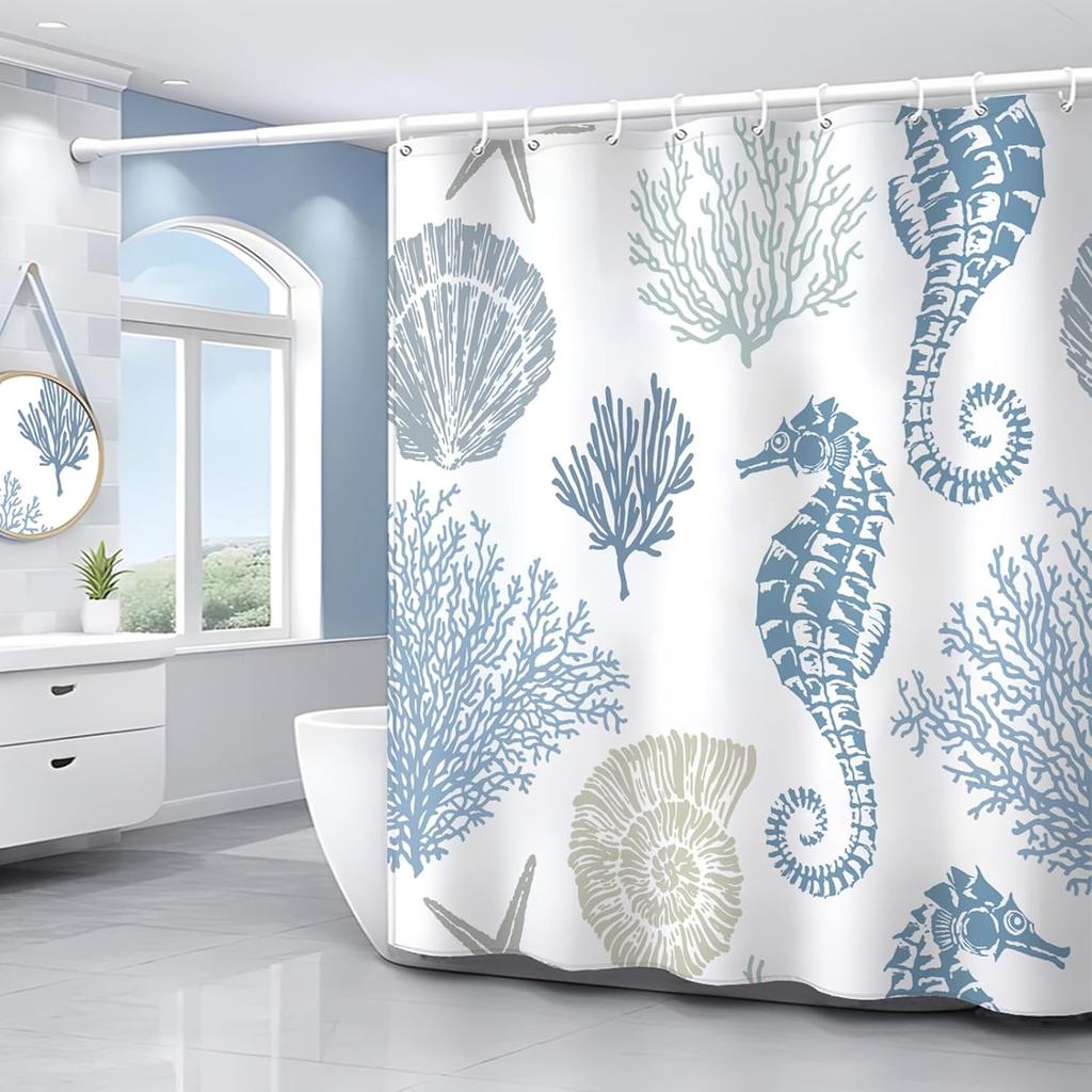Coastal Turtle Shower Curtain Fish Coral Starfish Seashell Blue Ocean Beach Shower Curtains for Bathroom Waterproof Polyester Fa