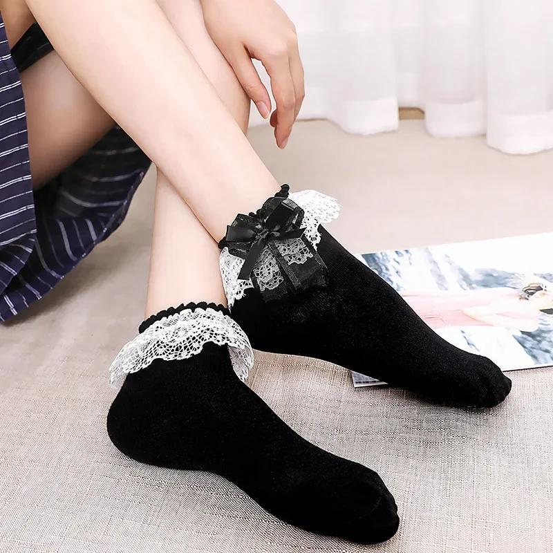 Lolita Damen Harajuku Retro Spitze Kurze Knöchelsocken JK Rüschen Baumwolle Prinzessin Mädchen Weich Hochzeit Tanz Weiß Schwarz Pink