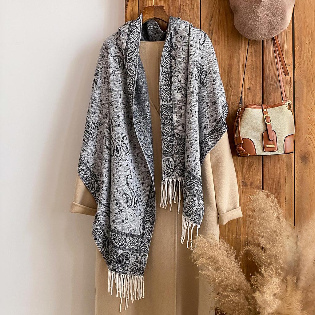 Women'S Winter National Style Paisley Print Thick Pashmina Shawl  Warm Long Tassel Scarf Cold-Resistant Poncho Stoles