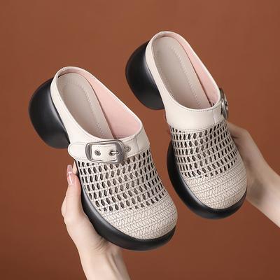 Fashion GKTINOO Women's Mules Slippers 2025 Summer New High Heel Genuine Leather Closed Toe Women Sandals Hollow Female Shoes Large Size
