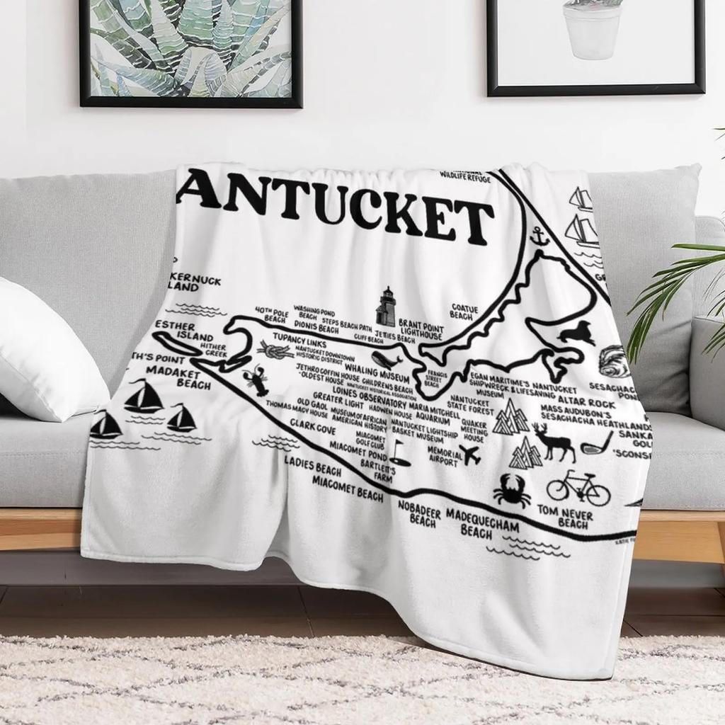 Nantucket Map Throw Blanket Portable Lightweight Blanket for Travel Camping