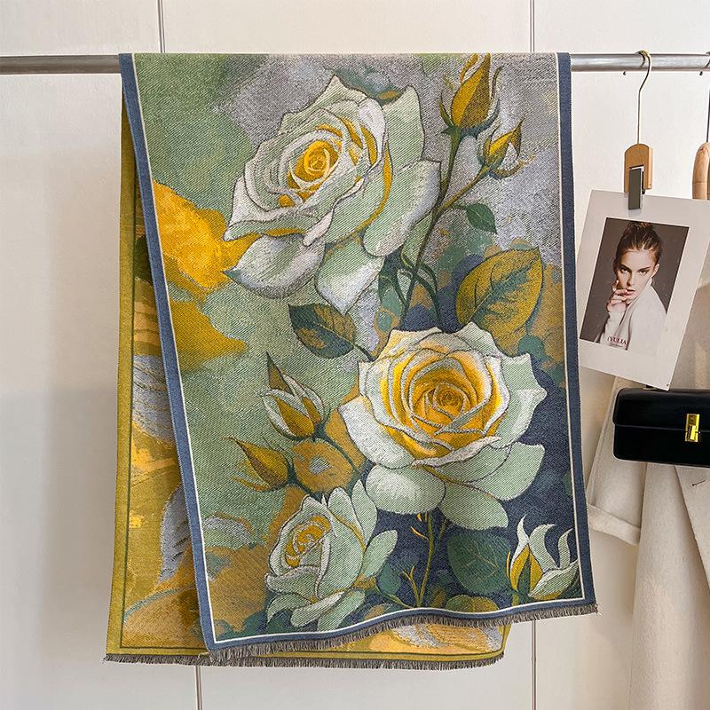 Autumn And Winter National Style Plants And Flowers Landscape Painting Elegant Women Warm Scarf Fashion Retro Shawl