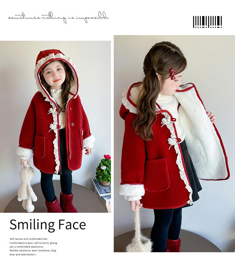 2025 Girls' Fleece Hooded Winter Woolen Coat - Fashionable & Stylish