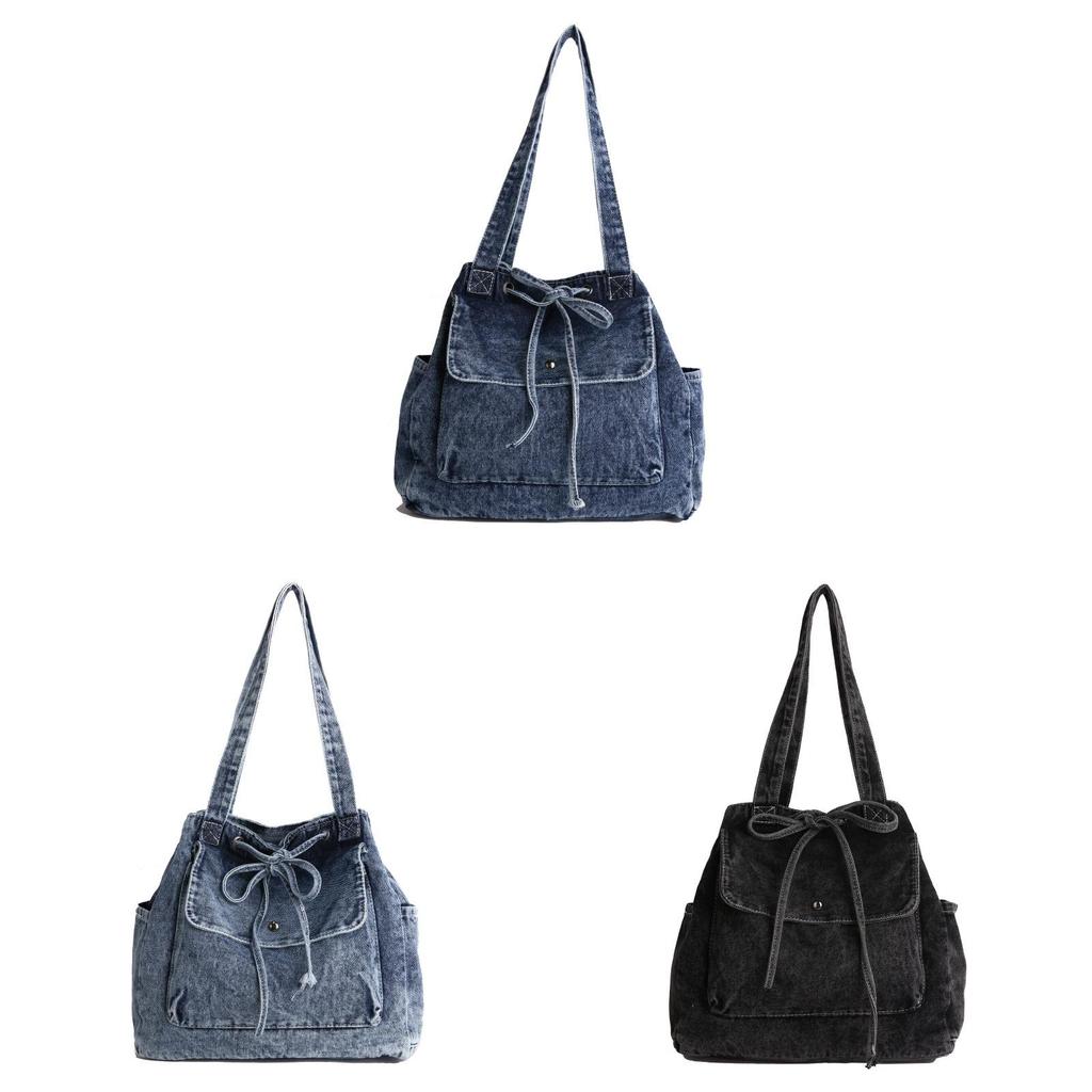Denim Tote Bag For Women With Drawstring Closure And Butterfly Bow Fashion Street Style