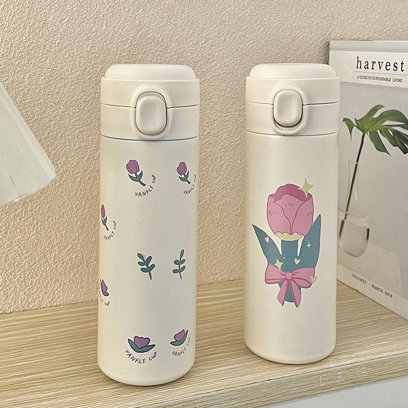 Stainless Steel Insulated Cup Cute Cartoon Flowers Korean Version Tulip Thermos Cup with Lid Portable Simple Water Drink Bottle