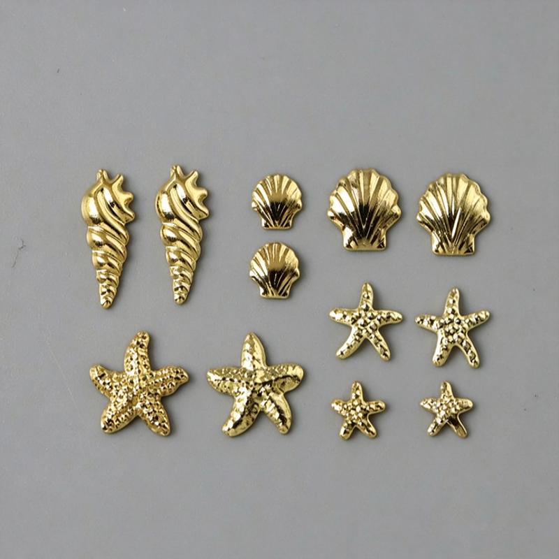 6 Grilles Charms 3D pour Ongles Coquillage Doré Étoile de Mer Conque Décor pour Manucure DIY Design Débutants