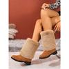 Women's Furry Patchwork Chunky-Heel Round-Toe Western Cowboy High Boots, European Style, Available In Large Sizes.