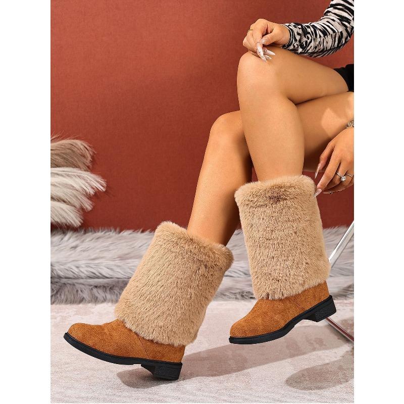 Women's Furry Patchwork Chunky-Heel Round-Toe Western Cowboy High Boots, European Style, Available In Large Sizes.