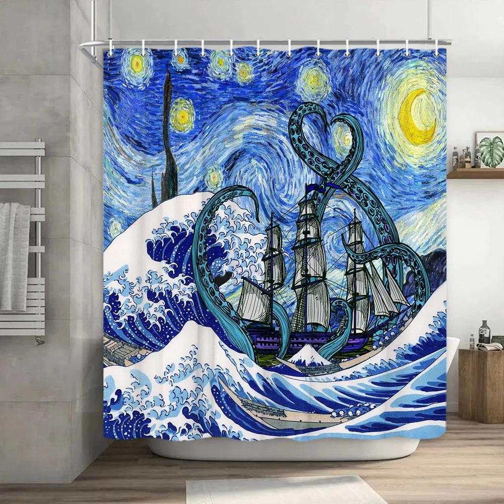 Funny Cat Shower Curtain, Cool Cat Dinosaur Japanese Ocean Wave Decor Fabric Bathroom Curtains, Kids Rustic Wooden Bath Curtain