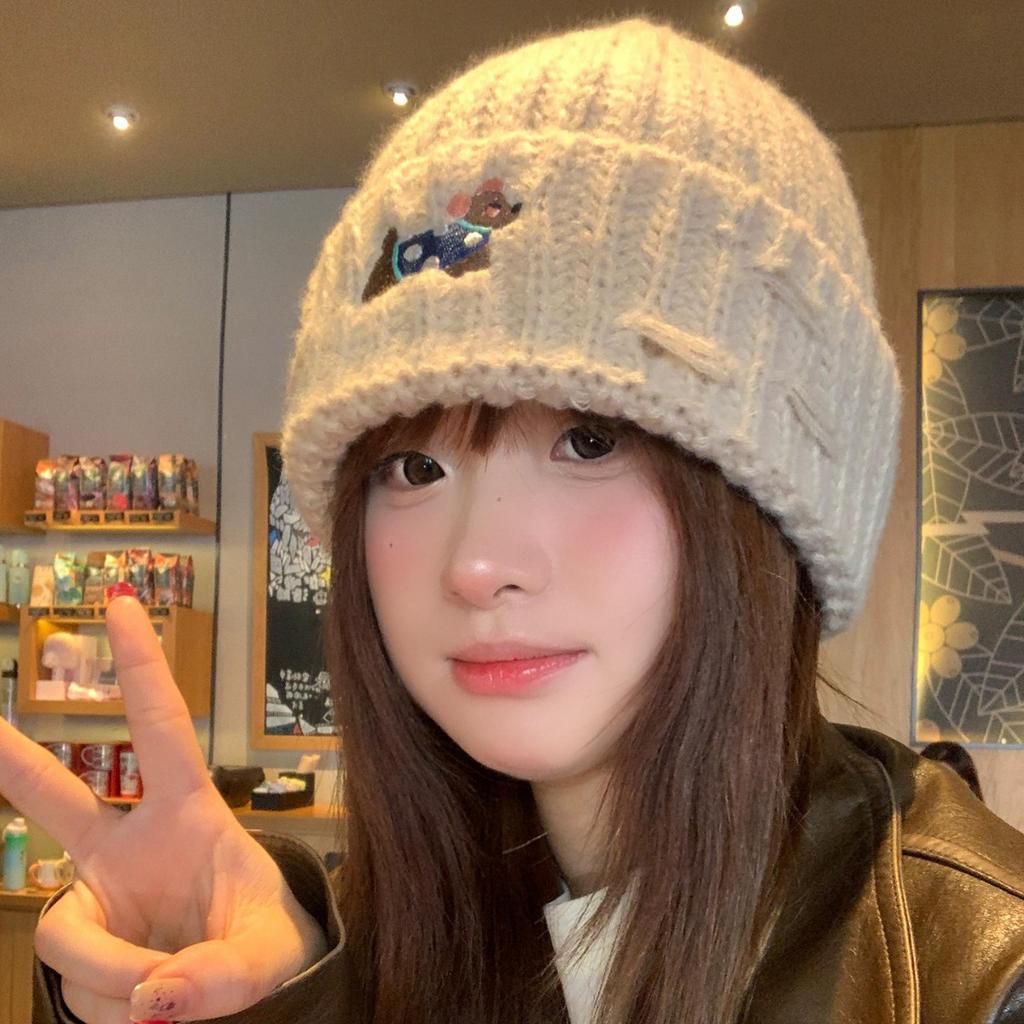 Welpen Bestickte Strickmütze für Damen im Herbst und Winter Warm Süß Niedlich Vielseitig Gesicht Zeigend Klein Überziehmütze, Trendig