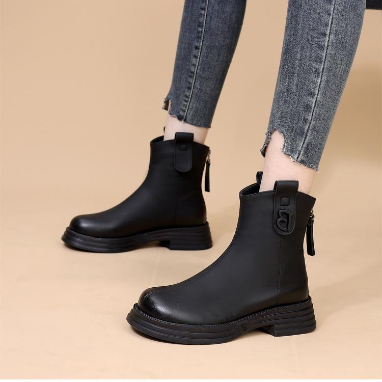 Female Short Shoes Platform Women's Ankle Boots Chelsea Brown Booties Round Toe Leather Chunky Boots