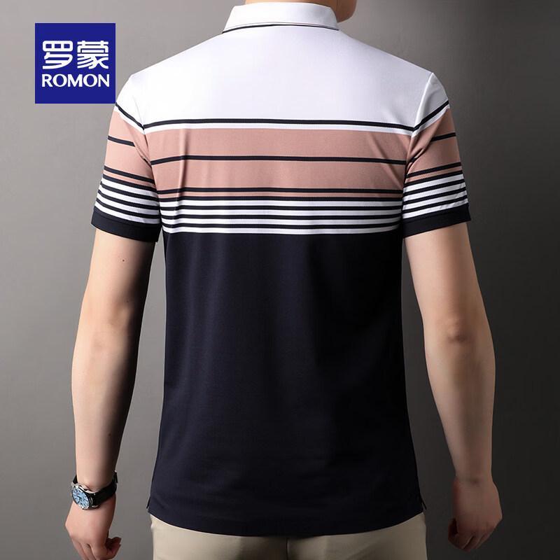 Romone Men's Striped Ice Silk Polo Shirt