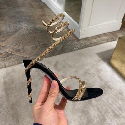 Strass-Sandalen mit Serpentinen-Wicklungsgürtel, hohl, dünner Absatz, Damen-High-Heels im europäischen und amerikanischen Stil mit offenem Zehenring