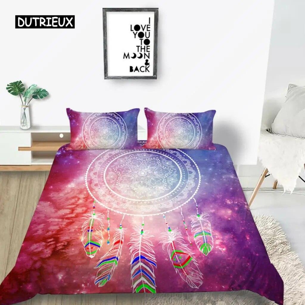 Dream Catcher Duvet Cover Set Kids Bohemian Mandala Boho Chic Feather Bedding Set Full Size Tie Dye Purple Polyester Duvet Cover three-piece set