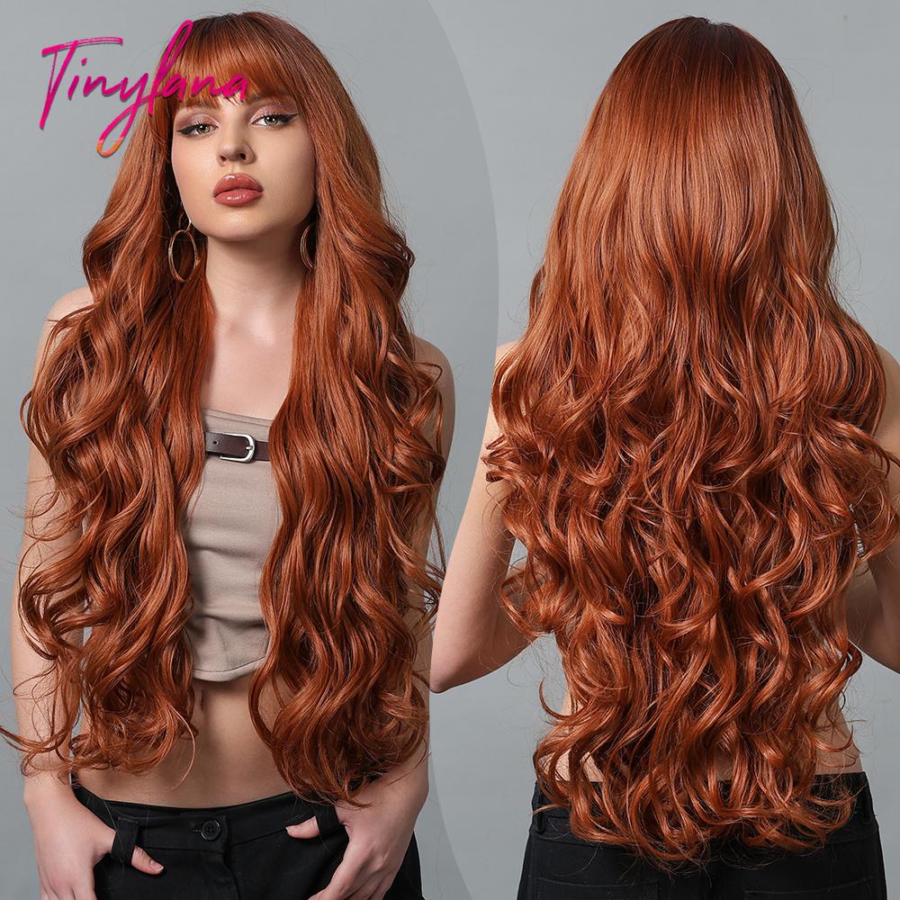 Long Golden Blonde Wave Synthetic Wigs with Bangs for Women Golden Brown Natural Cosplay Costume Daily Hair Wigs Heat Resistant
