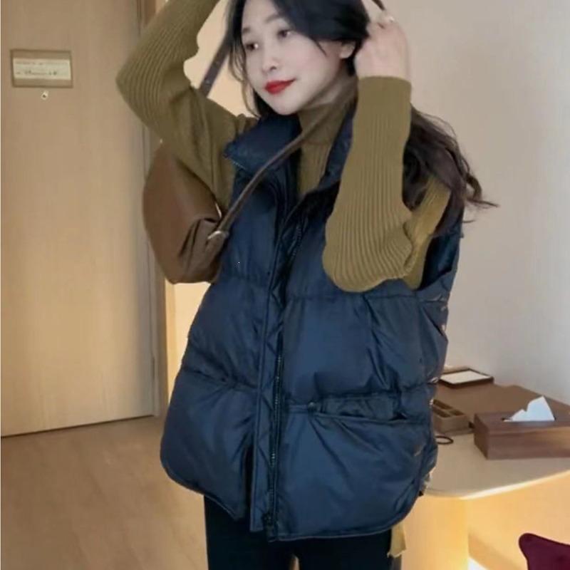 Short stand-up collar down cotton vest women's thickened vest jacket bread jacket vest black