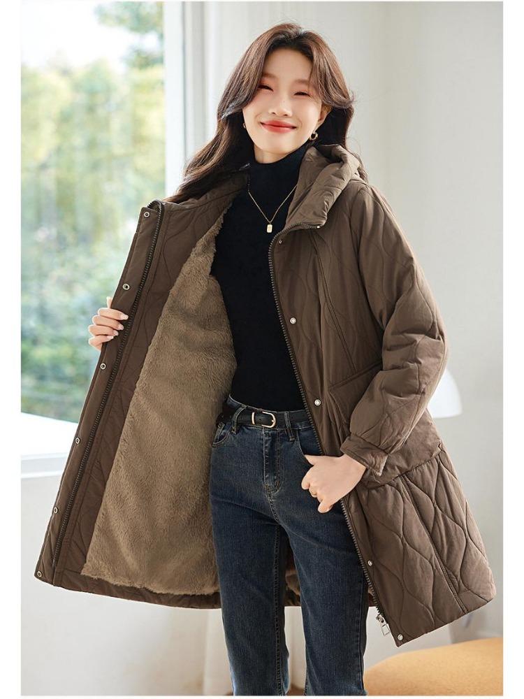 Women's Plus Size Fleece Lined Cotton Jacket Mid Length Quilted Warm Stylish Coat for Mom Middle Aged