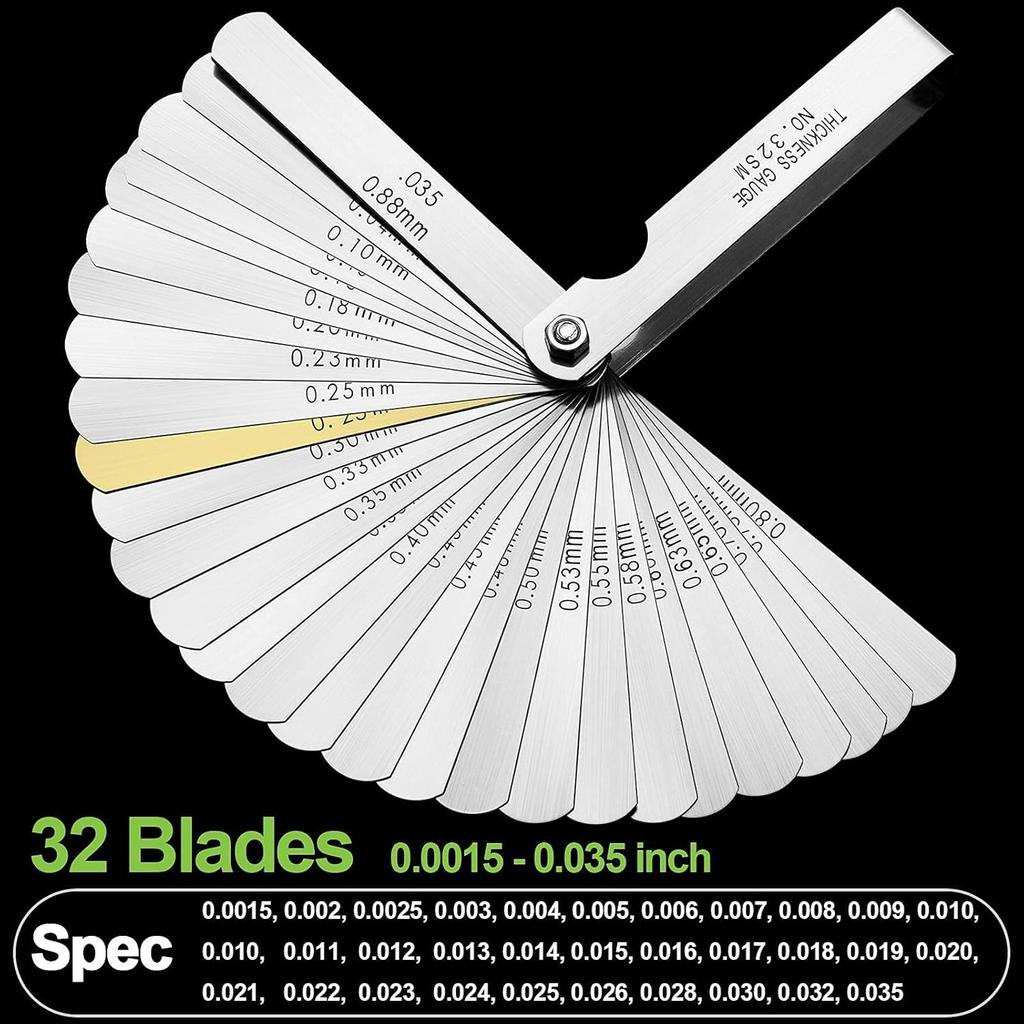 Feeler Gauges Stainless Steel 32 Blades 0.04-0.88 Mm Feeler Gauge Metric/Imperial for Measuring Gap Width Thickness for Guitar, Spark Plug, Valve