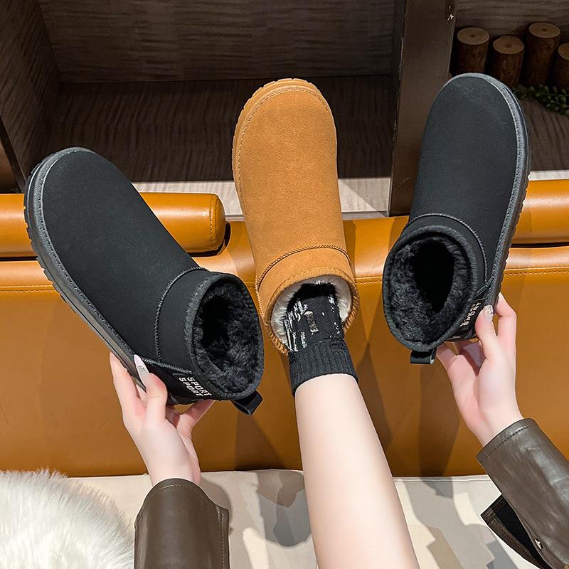 Snow shoes large size winter new flat-bottomed short tube large cotton shoes piled thickened warm snow boots women