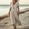 Women's V Neck Short Sleeve Loose Linen Cotton Maxi Dress Solid Crinkle Flowy Long Casual Dress