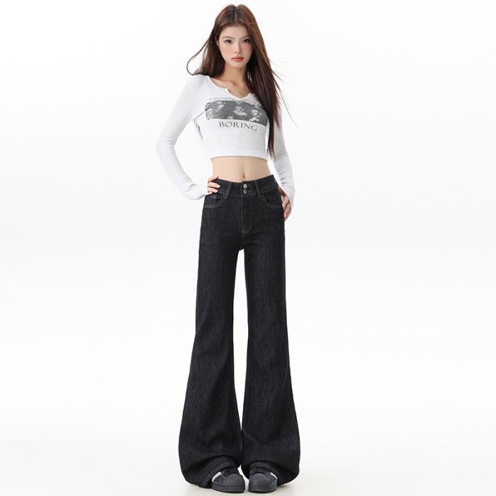 Women's 2025 Denim Blue Flare Jeans, Double Button, Slimming Floor-Length with Unique Back Pockets, Early Autumn Design.