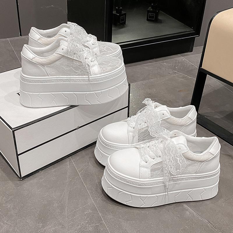 Fashion Genuine Leather/lace Mesh Flat Womens White Sneaker Summer Round Toe Platform 7.5CM Thick Botton Lace-up Sports Shoes