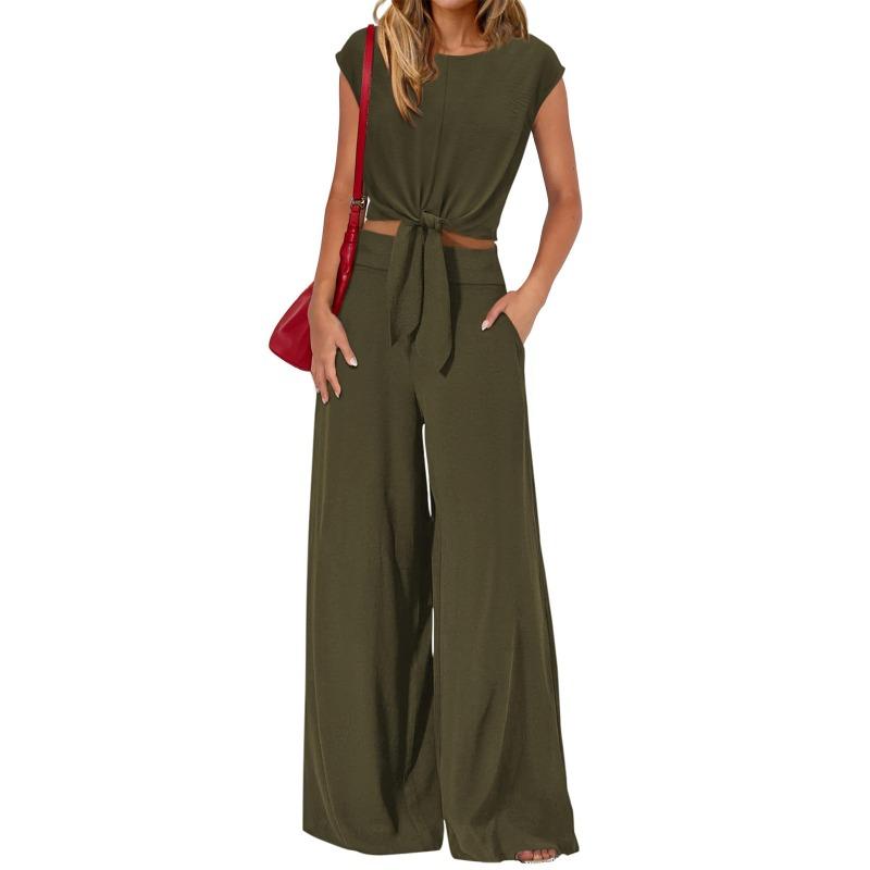 Womens Tie Knot Short Sleeve Top And Wide Leg Pants Two Piece Set
