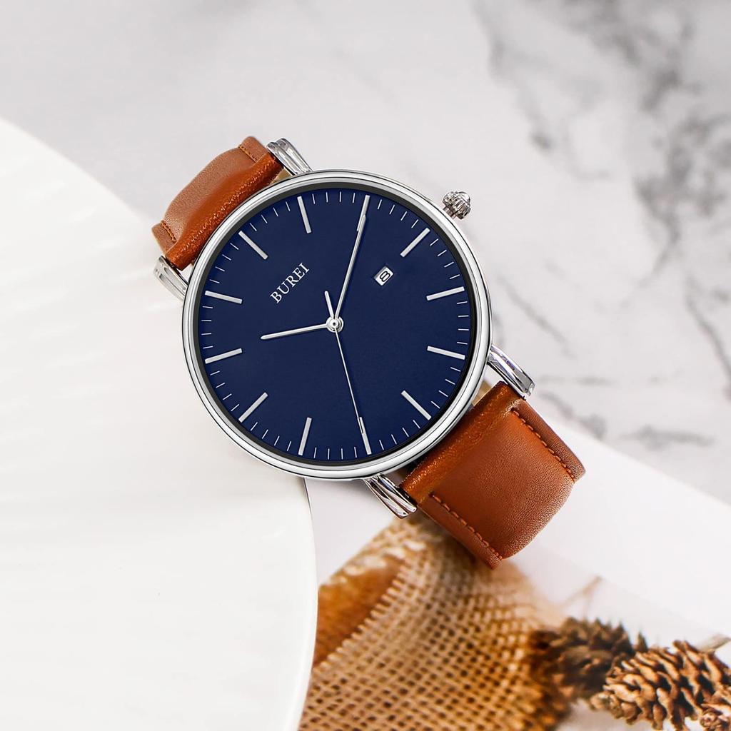 BUREI Leather Popular Simple Perfect for Commuting Men's Watch, Brand, Analog, Waterproof, Stylish, (Blue-Brown) [Used]