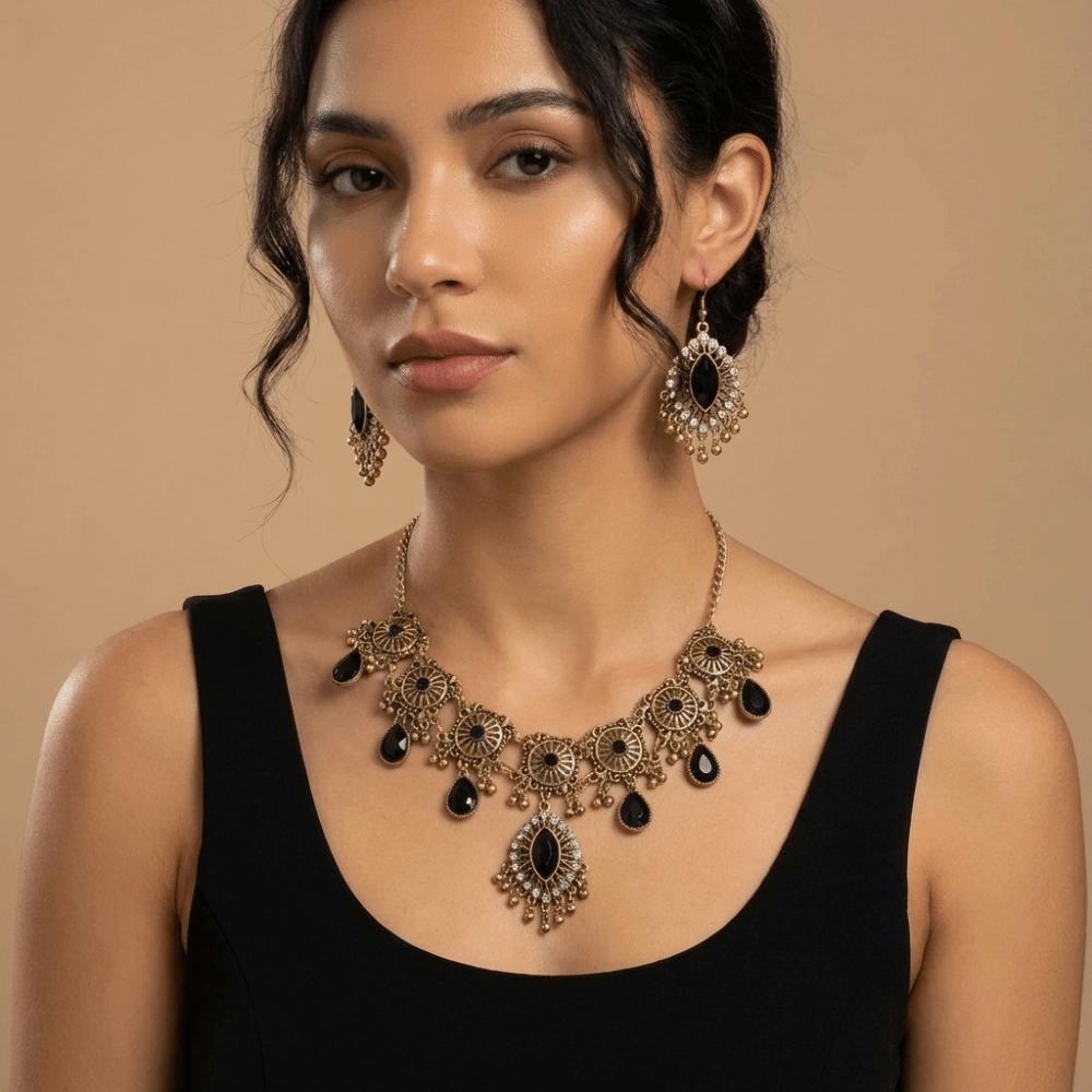 Metal Necklace Earrings Set Bohemia Style Ethnic Style Necklace Set Rhinestone Jewelry Set Women