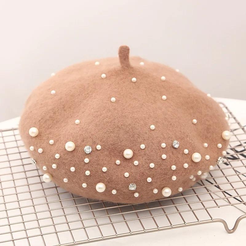 Woolen Pearl Berets Woman Autumn and Winter Warm Korean All-matching Japanese Cashmere Painter Hat British Retro Pumpkin Hats