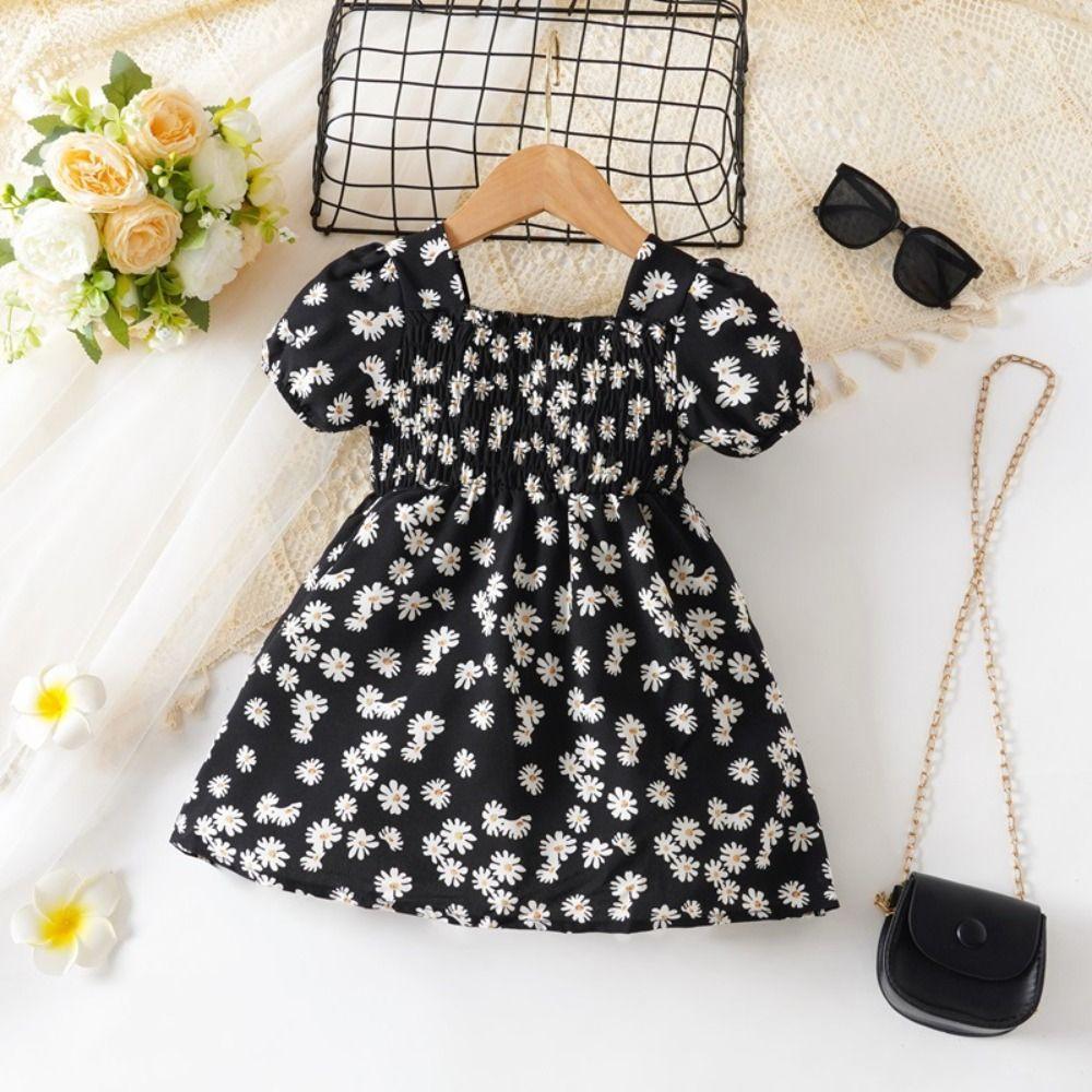 Square Collar Summer Flower Dress Puff Sleeve Toddle Dress Baby Girls Princess Dress  Summer