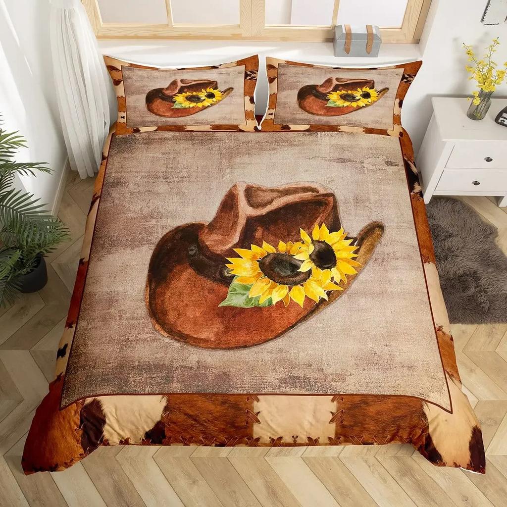Western Cowboy Påslakanset Twin King Cowboys Stövlar Hatt Blommigt Sängklädesset Exotiskt Bondgård Ko-hud Lapptäcke Täcke