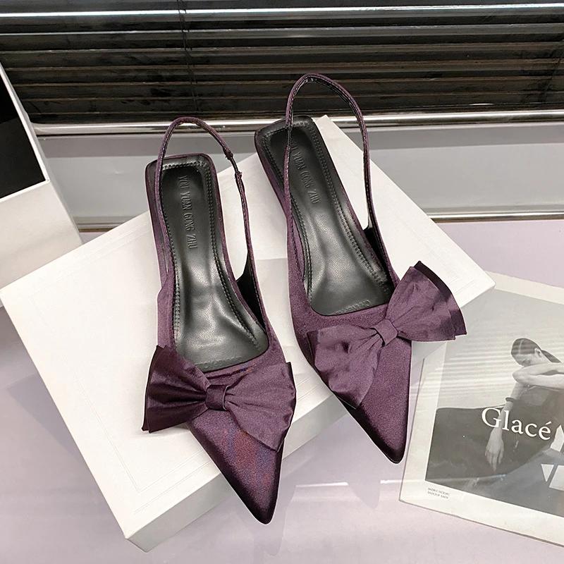 

Женские босоножки на высоком каблуке с бантом, туфли-слингбэки с острым носком, летний тренд, сексуальные туфли для платья, большого размера, sandalias mujer 42