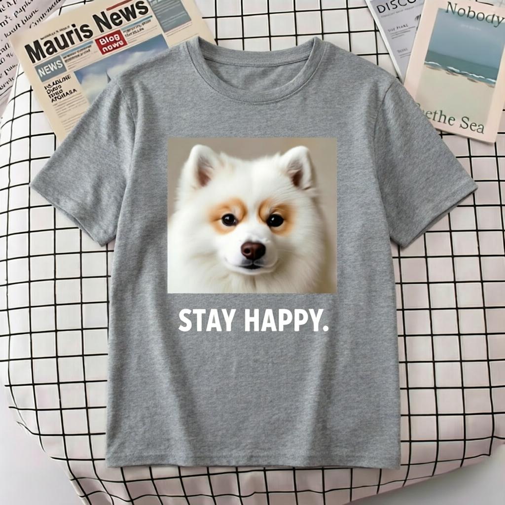 

Funny Dog Stay Happy Positive Quote TShirt Unisex Women Casual Loose Summer Streetwear Tee 4XL