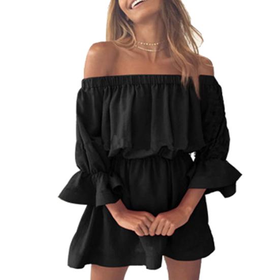 Dámské jednobarevné mini společenské šaty s odhalenými rameny, 3/4 nabíranými rukávy a elastickým pasem