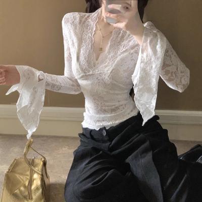 New Sexy Collared Waist Slimming White Lace Base for Women's Autumn Pure Desire Fashion Slimming Spice Girl Top