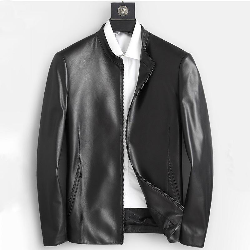 Genuine Leather Jacket Men's Sheepskin Pure Leather Motorcycle Jacket Short Stand Collar Slim Fit Spring and Autumn Jacket